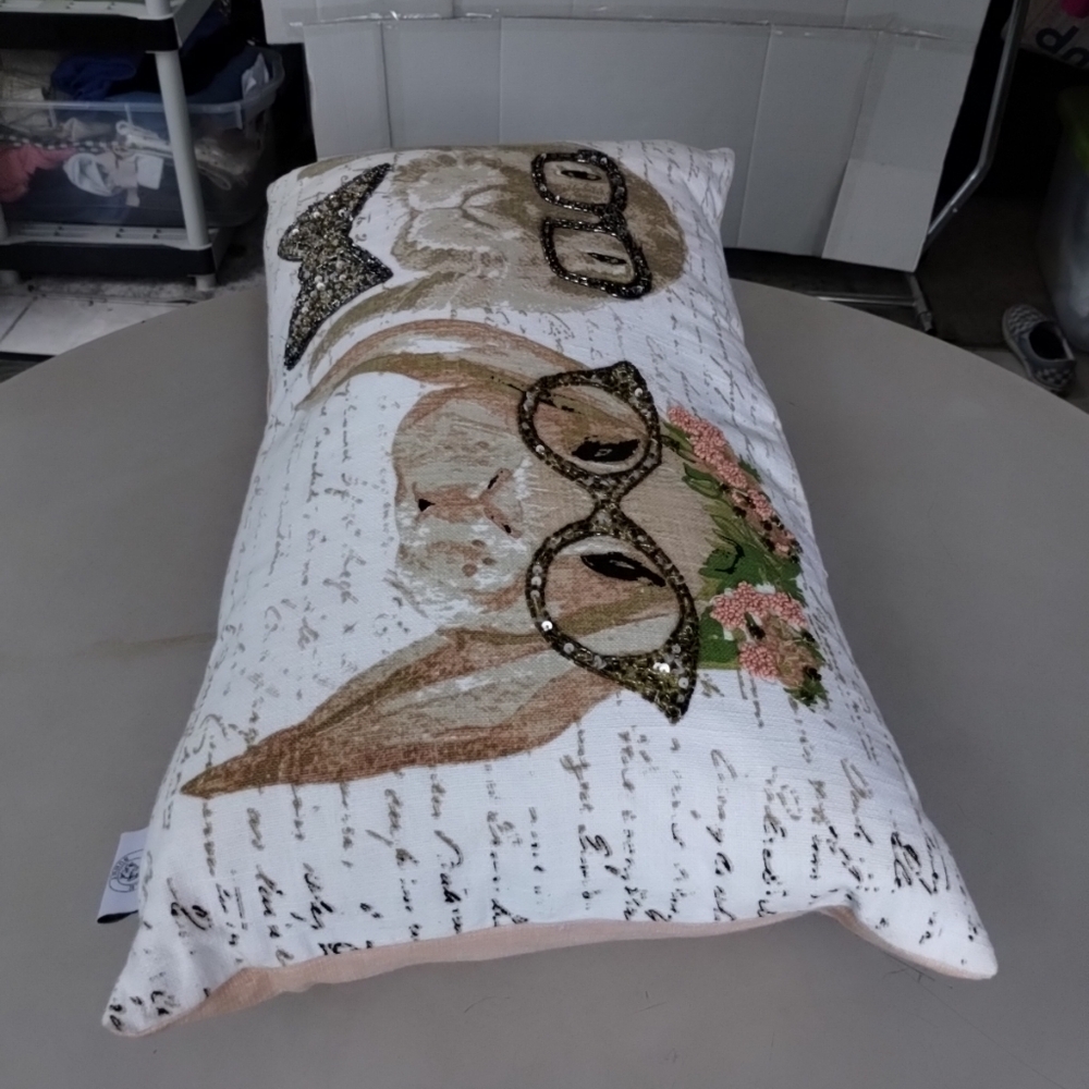 Snuggle Bunny Graphic Beaded Rabbits Cursive Blessed Accent Pillow White Peach - Picture 9 of 15